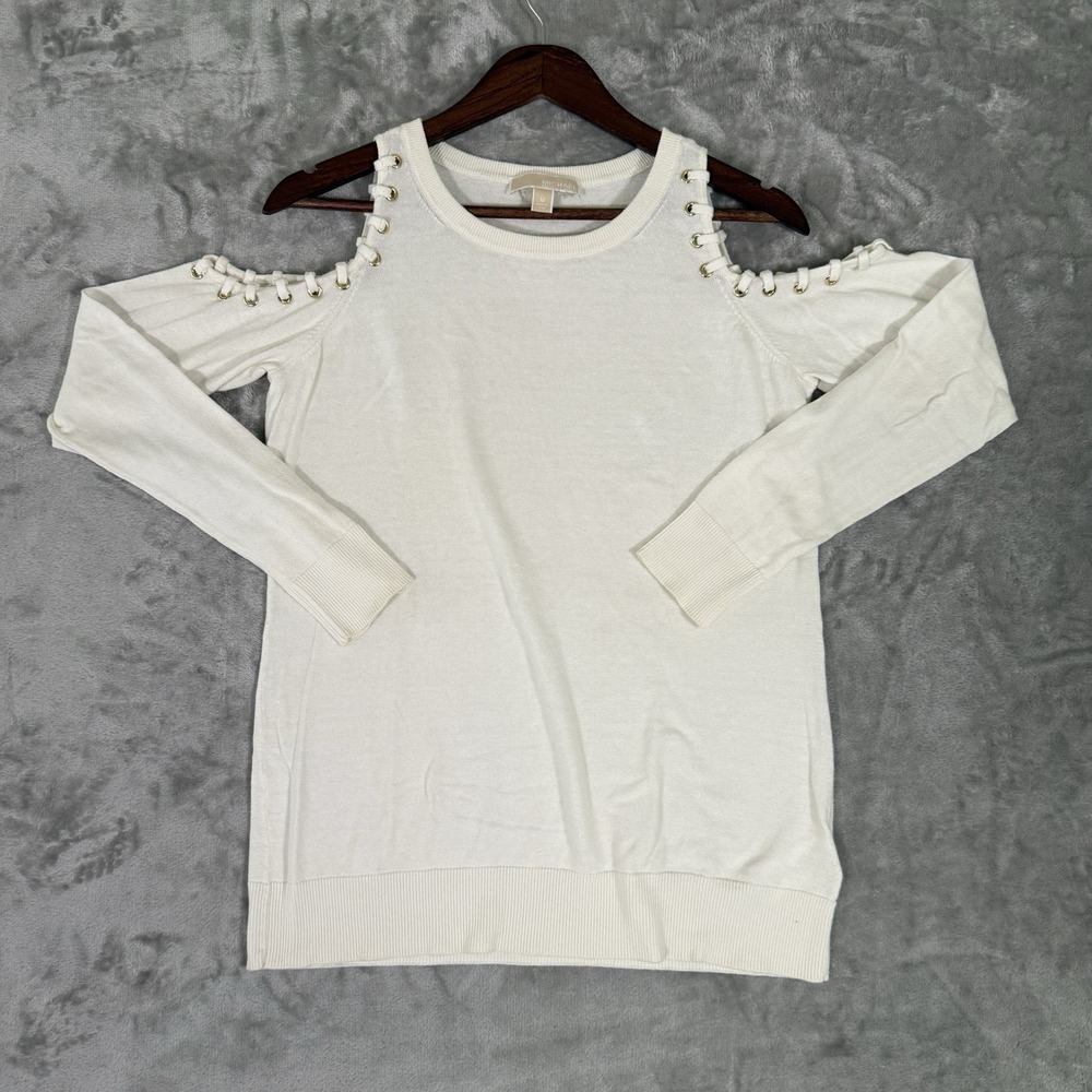 Michael Kors Womens M Cold Shoulder Lace Up Knit Sweater Preppy White